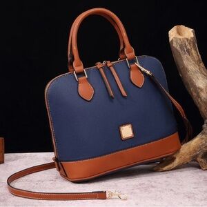 NWT Elegant Pebbled Blue and Brown Leather 2 Way Women's Handbag/Satchel